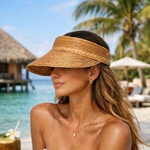 Beach Tan Straw Woven Braided Sun Visor
